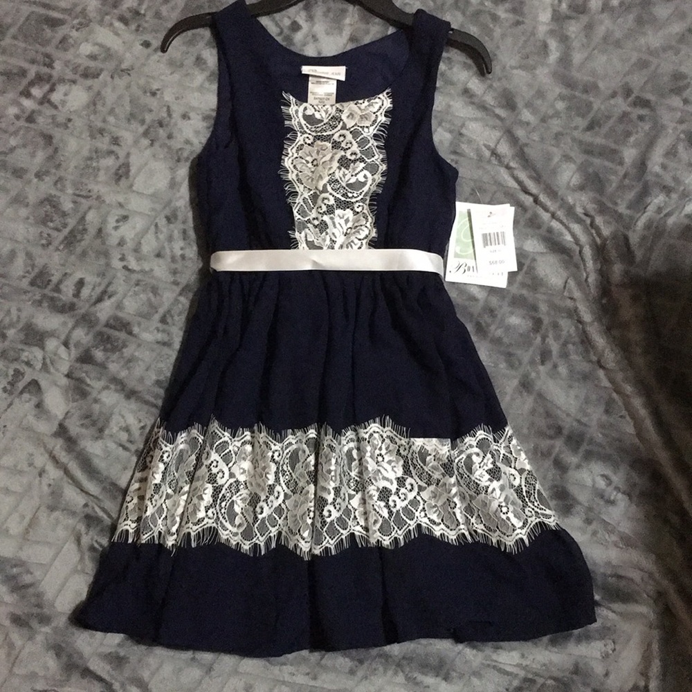 Navy Blue Dress with White Lace Trim